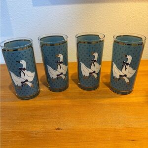 Culver Set of 4 Blue Geese Goose 22 Kt Gold Accent Vintage Drinking Glasses